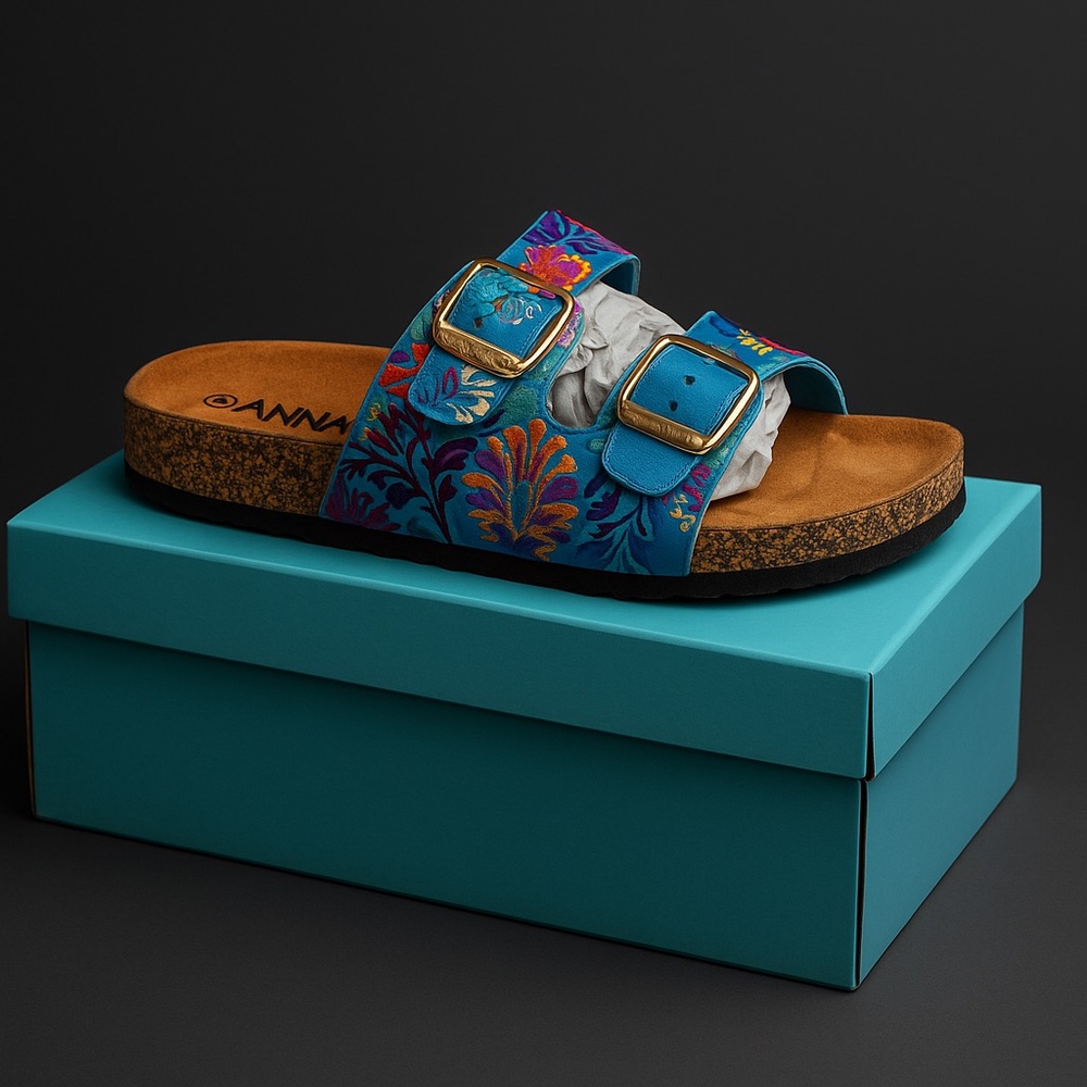 Anna Blue Double-Strap Sandals with gold Buckles